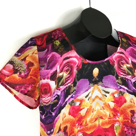 Trouve Mirrored Floral Print Hi-Lo Top Women's Medium Mesh Casual Summer Vibrant - Picture 5 of 12